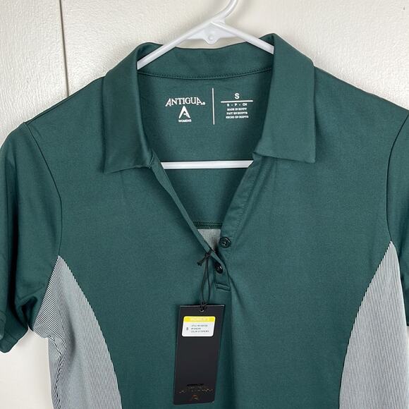 Antiqua Womens Golf Shirt Polo Small Green White Short Sleeve Collar 2 Button - Picture 2 of 5